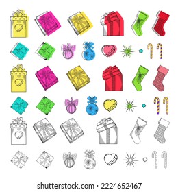 A set of color and line drawings of New Year's gifts, balls and socks. Illustrations for decor, printing on paper, for the background.