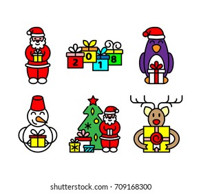 Set of color line icon style pictures. Winter Christmas and New Year holidays characters with gift box. Santa Claus, snowman, penguin, deer, christmas tree. Vector illustration.