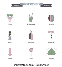 Set of color line icons with different wine elements - bottle, grape, corkscrew, vine leaf, glass, cellar, tasting, storage. Stock vector illustration line style icon series