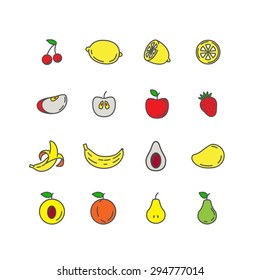 Set color line icons fruit. Banana, apple, strawberry, cherry, pear, avocado, mango, lemon, peach. Vector illustration