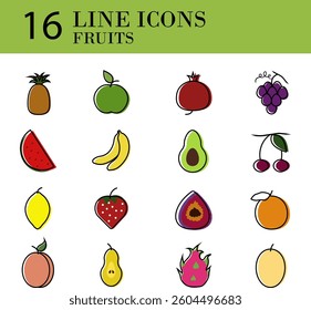 Set of color line icons of fruits. Vector illustration of fruits such as peaches, strawberries, grapes, apples, bananas, cherries, oranges, melons	