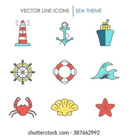 Set of color line icons. Made in sea theme. Can be used for postcards, infographic, invitations, poster, web-applications.  