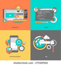 Set of color line icons on the theme of web development