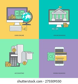 Set of color line icons on the theme of internet banking, online payment