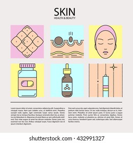 Set of color line icons on the theme of beauty and health of skin. Emblems for cosmetics, pharmaceuticals, beauty salons. Medical cosmetology.