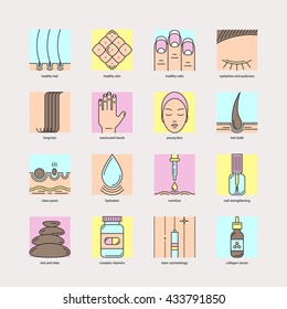 Set Of Color Line Icons On The Theme Of Beauty And Health Of Hair, Skin And Nails. Emblems For Cosmetics, Pharmaceuticals, Manicure Salons, Medical Cosmetology.