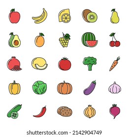 Set of color line icons of vegetables,  fruits and berries on white background, vector illustration