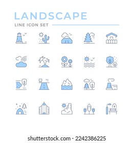Set color line outline icons of landscape