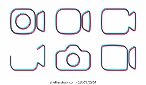 A set of color linear camera icons isolated on a light background. The concept of social networks, news feeds, streams, stories, video channels and blogging. Vector illustration