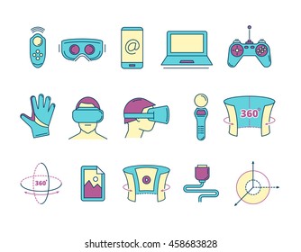 set of color linear icons virtual reality accessories. 360 degree view. Rotation arrows. Gloves and helmet. Illustrations isolate on light background