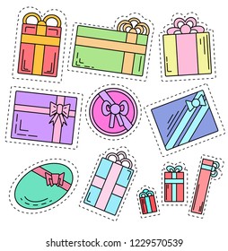 Set of color linear stickers of festive gifts of various shapes. The object is separate from the background.  Vector element for your design