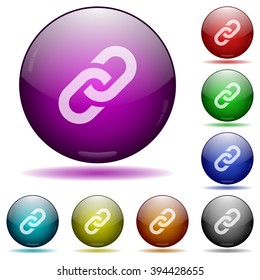 Set of color link glass sphere buttons with shadows.