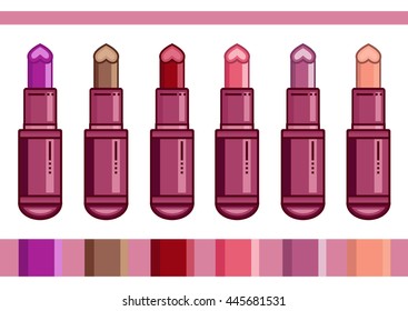Set of color lipstick icons on isolated background. Vector flat line illustration.