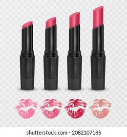 Set of color lipsticks. Red lipstick, pink lipstick, orange lipstick. Red lipstick set isolated on white background