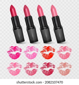 Set of color lipsticks. Red lipstick, pink lipstick, orange lipstick. Red lipstick set isolated on white background
