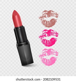 Set of color lipsticks. Red lipstick, pink lipstick, orange lipstick. Red lipstick set isolated on white background