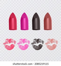 Set of color lipsticks. Red lipstick, pink lipstick, orange lipstick. Red lipstick set isolated on white background