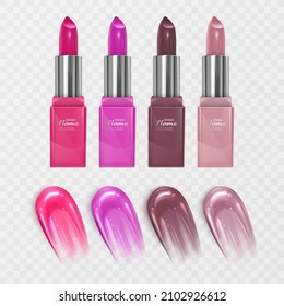 Set of color lipsticks. Red lipstick, pink lipstick in realistic style, vector illustration