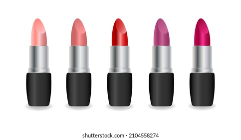 Set of color lipsticks. Red lipstick, pink lipstick, orange  wine lipstick.Red lipstick set isolated on white background.