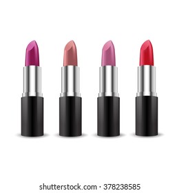 Set of color lipsticks. Red lipstick, pink lipstick, orange lipstick, wine lipstick.Red lipstick set isolated on white background, RGB vector created with gradient mesh