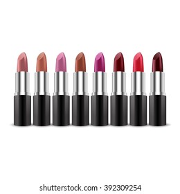 Set of color lipsticks. Red lipstick, pink lipstick, orange lipstick, wine lipstick.Red lipstick set isolated on white background, RGB vector created with gradient mesh