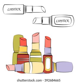 Set of color lipsticks. Red lipstick, pink lipstick.  multicolored lipsticks in hand drawn style.  Makeup.