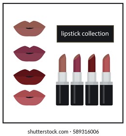 Set of color lipsticks. Red lipstick, pink lipstick, orange lipstick, wine lipstick. Flat multicolored lipsticks. Makeup.



