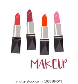 Set of color lipsticks. Red, pink, orange, wine. Flat multicolored lipsticks vector. Makeup.