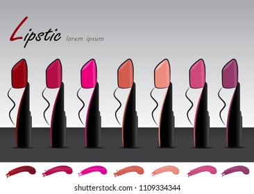 set of color lipsticks.lipsticks with gray background.