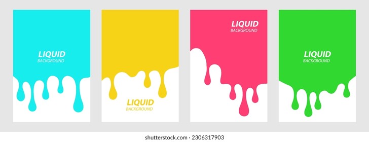 Set of color liquid backgrounds. Drip drops, spots, splash shapes, flowing blobs. Liquid color stains collection. Vector illustration.