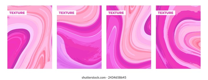 Set of color liquid textures. Sweet candy. Curved wavy patterns for creative graphic design. Ebru style. Pink colors. Vector illustration.