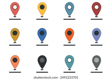 Set of color location icons, location marker on the map. Element for application website user interface design. Location pointer icon symbol in flat style. Red and black pin icon, navigation sign.