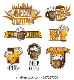 Set of color logos, icons, signs, badges, labels and beer. Template design for a bar, pub, beer festival. Beer mugs and wheat. Vector