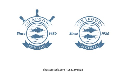 Set of color logos restaurant seafood. Vector illustration of a steering wheel, waves, fish and text with a ribbon on a white background. Color illustration advertising a seafood restaurant.
