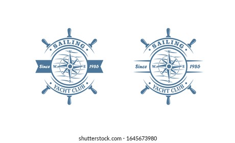 Set of color logos for yacht club. Vector illustration of a steering wheel, compass, waves and text on a white background. The illustration advertises sailing and a trip on a yacht.