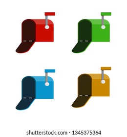 Set of color mailbox - red, green, yellow, blue. Work post office. Mail and message. Communication between people. Cartoon flat illustration