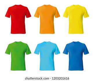 Set Color Male Tshirt Template Realistic Mockup. Vector Illustration.