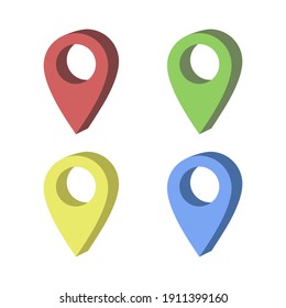 Set color maping pin location 3d vector icons. Vector illustration for web design. Blue, green, red and yellow pin icons.