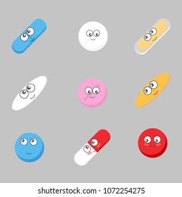 Set of color medicine painkiller, vitamin pills, pharmaceutical antibiotics drugs. Vector illustration characters face Funny emoticon concept