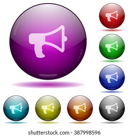 Set of color megaphone glass sphere buttons with shadows.