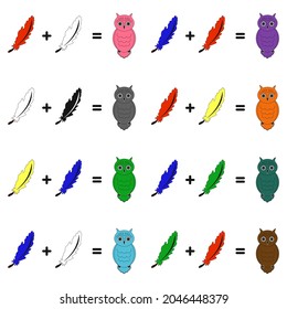 Set with color mixing schemes. Feathers and owls.