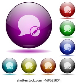 Set of color moderate blog comment glass sphere buttons with shadows.