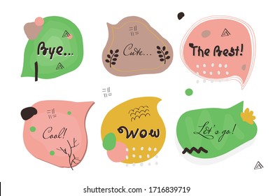 Set of color modern abstract speech bubbles with doodles and various elements. Creative stickers. Doodle windows with phrases: Bye, Cute, The best, Cool, Wow, Let's go