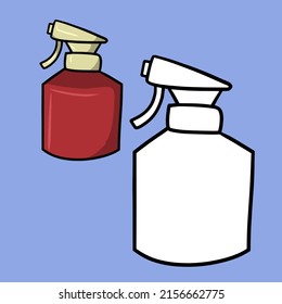 A set of color and monochrome illustrations. Red bottle for spraying plants, fertilizer sprayer, garden collection, cartoon vector illustration on a blue background