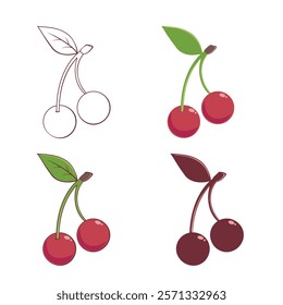 A set of color and monochrome images of "cherry berries", vector illustration on a white background