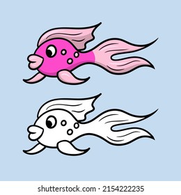 A set of color and monochrome images, a sketch for a coloring book. Beautiful pink fish from the tropical sea, aquarium fish, cartoon vector illustration