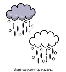A set of color and monochrome images, a sketch for a coloring book. Fluffy dark cloud with rain and snow drops, vector illustrations on a white background to indicate the weather