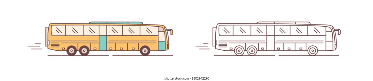 Conjunto de colores y monocromo de la conducción moderna de los autobuses de pasajeros en la ilustración de los vectores de carreteras en estilo de arte de línea. Trasladar el transporte público aislado en blanco. Icono del servicio de transporte urbano o interurbano