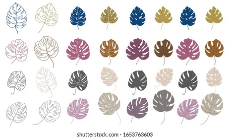 Set of color monstera leaves. Silhouettes of leaf of a plant. Imprint for creating tropical patterns for fabric, wallpaper, packaging and other backgrounds.