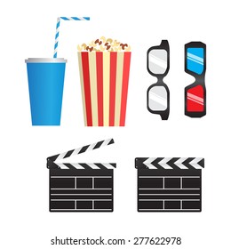 Set of color movie objects including clappers, cola, pop corn and 3d glasses on white background